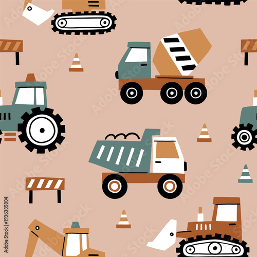 Seamless vector pattern cute construction trucks. Hand drawn design for baby boys with tiny cars. Perfect for textile, wallpaper or nursery print design.