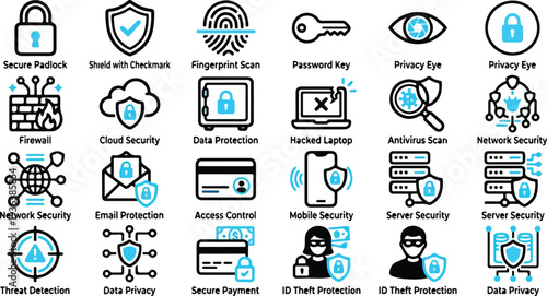 Collection of 21 cybersecurity icons illustrates various security measures and threats in a grid format.