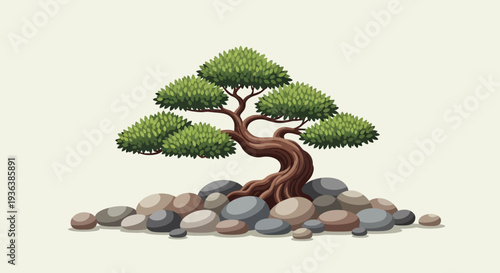 Bonsai Tree Artfully Shaped on Smooth Stones
