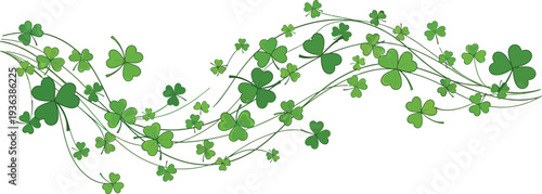 Swirling vector graphic illustration featuring a vibrant border design composed entirely of various sized green shamrocks and delicate stems against white