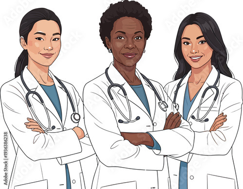 Diverse team of three professional female doctors wearing white lab coats and stethoscopes standing confidently together