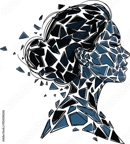 Abstract vector illustration depicting a woman's profile shattering into dark blue geometric fragments representing change or fragmentation