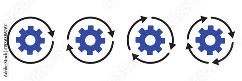 Sync process and workflow icon set. Productivity  setting  synchronization  gear wheel with arrow symbol on white background - stock vector.