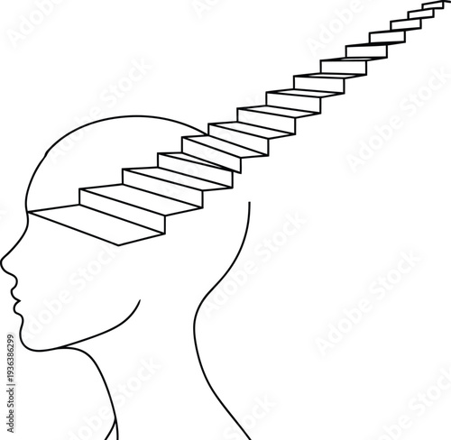 Abstract vector graphic of a human head with a rising staircase symbolizing mental growth, progress, ambition, and the journey of thought towards higher understanding and achievement.