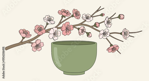 Cherry Blossom Branch Over Green Bowl
