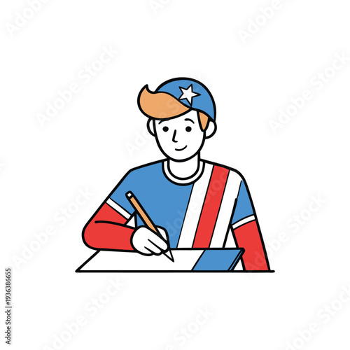 Young man in patriotic attire writing during Patriot Day observance