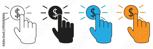 A set of four cursor icons representing a hand clicking on a dollar sign symbol, indicating online payment or earning money, in a clean graphic style.