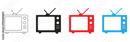 A set of four vintage television icons featuring an outline version and three solid color versions in black, red, and blue, representing retro broadcasting and analog media