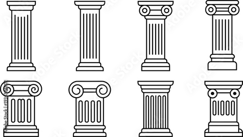 Classic column icons set, Greek Roman architectural pillars collection, Ionic Doric Corinthian styles, outline vector illustration