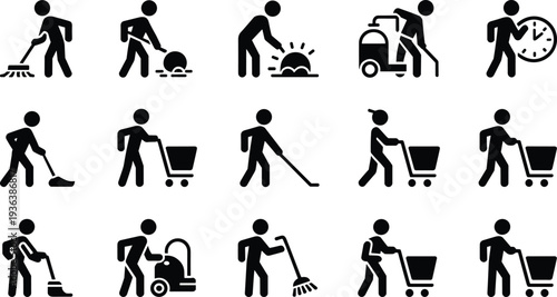Cleaning service worker icons set, janitor housekeeping maintenance symbols collection, sanitation equipment pictogram elements, black vector isolated illustration