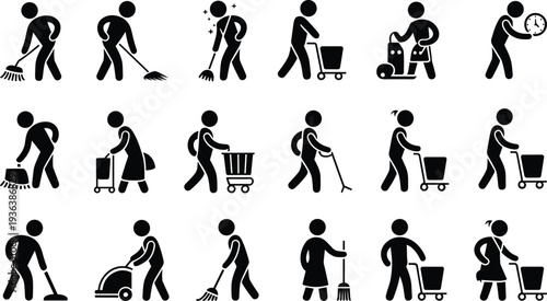 Cleaning service worker pictograms set, janitor housekeeping maintenance activity icons, sanitation equipment symbols collection, black vector isolated illustration