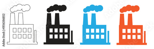 Set of four factory icons in outline black blue and orange colors with smoke coming out of chimneys symbolizing industrial production and pollution