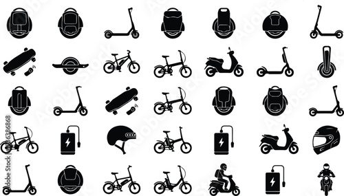 Collection of various personal electric transportation devices and accessories displayed in a grid pattern.