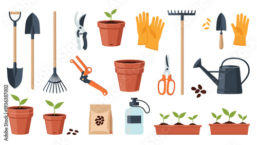 Large collection of gardening tools and supplies including shovels, rakes, pots, seedlings, and watering cans on a white background for spring.