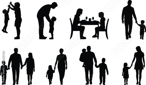 Family life silhouettes collection, parents with children daily activities set, motherhood fatherhood bonding moments, black vector illustration