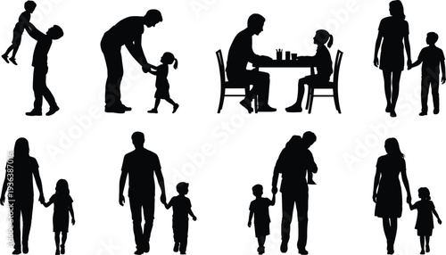 Family moments silhouettes collection, parents with children daily interaction set, motherhood fatherhood love scenes, black vector illustration