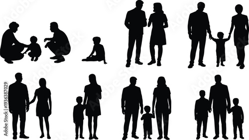 Family silhouettes set, parents and children together collection, motherhood fatherhood parenting scenes, black vector illustration