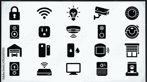 Collection of modern smart home icons representing various devices and functions for a connected lifestyle.