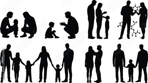 Family silhouettes collection, parents children interaction poses set, motherhood fatherhood relationship scenes, black vector illustration