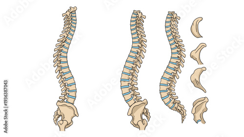 Detailed anatomical illustration of the human spinal column shown from side views alongside individual vertebrae components for education.
