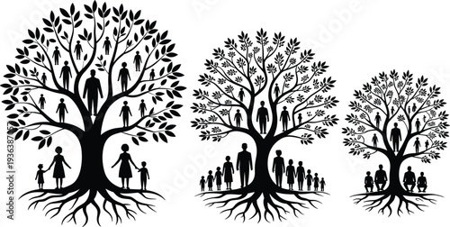 Family tree silhouettes collection, genealogy ancestry concept illustration, generations relatives heritage symbol, black vector design