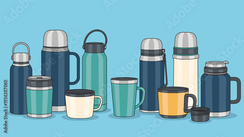 Large assortment of colorful insulated water bottles and thermos containers of various sizes and designs arranged for display on a blue base.