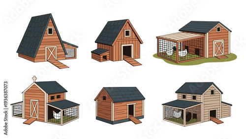 Collection of rustic wooden chicken coop designs with different architectural styles and outdoor enclosures for backyard poultry farming.