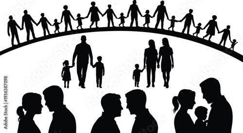 family, silhouettes, parents, children, people, holding hands, love, relationship, togetherness, parenting, community, generation, unity, support, bonding, motherhood, fatherhood, care, connection