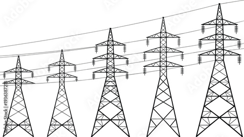 High voltage power line towers, electric transmission pylons perspective view, energy grid infrastructure concept, black vector isolated illustration