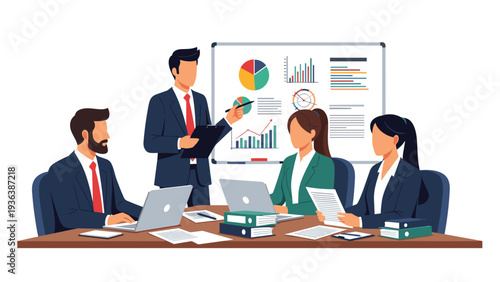Professional business team discussing data and charts during a meeting in a modern office conference room with a presentation board for growth.