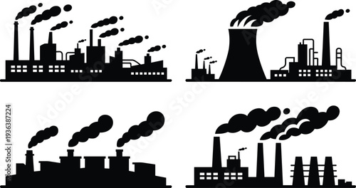 Industrial factory silhouettes collection, power plant refinery smoke pollution scene, energy production infrastructure concept, black vector illustration
