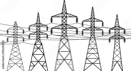 High voltage transmission towers set, electric power line pylons collection, energy infrastructure network concept, black vector isolated illustration