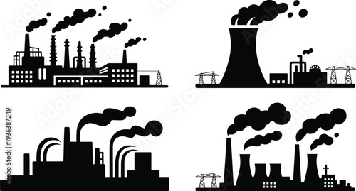 Industrial factory silhouettes set, power plant refinery smoke pollution concept, energy production infrastructure scene, black vector illustration