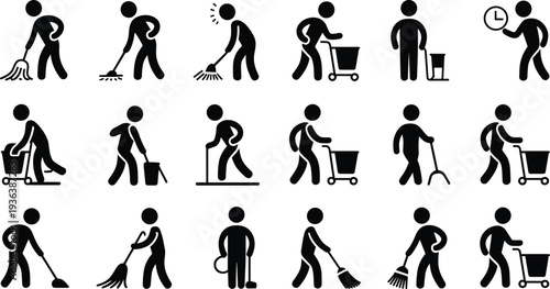 Janitor cleaning worker icons set, housekeeping maintenance service pictograms collection, sanitation equipment symbols design, black vector isolated illustration