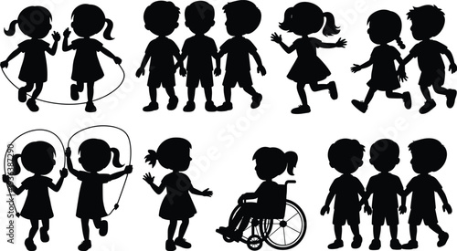 Kids silhouettes collection, children playing running jumping set, childhood friendship activity scenes, black vector illustration
