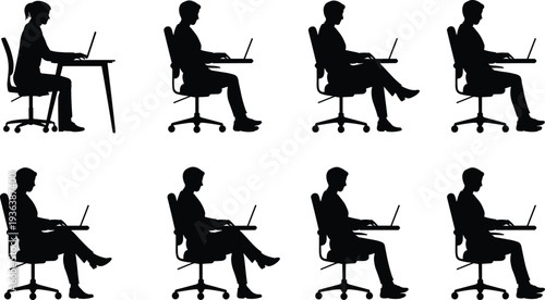 Office workers using laptops on chairs, workplace productivity silhouettes collection, modern corporate workspace concept, remote work vector illustration