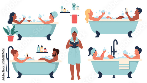 Set of diverse people relaxing in bubble baths and reading books in various bathroom settings to illustrate self-care, hygiene, and wellness.