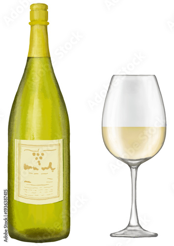 グラスに入った白ワインとワインボトル。リアルタッチなイラスト