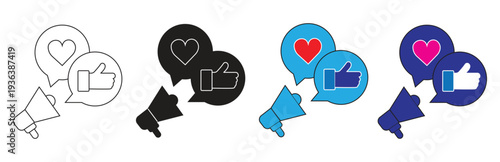 Set of megaphone and speech bubble icons with like and heart symbols representing social media engagement and promotion concepts in outline and solid fill styles