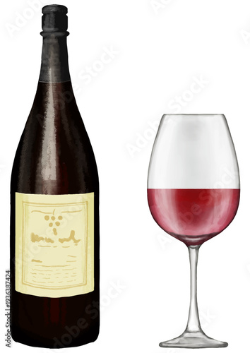 グラスに入った赤ワインとワインボトル。リアルタッチなイラスト