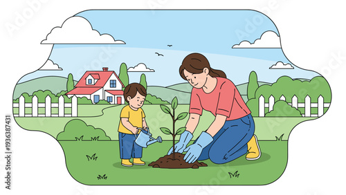 Young boy helps his mother plant a small tree in their backyard garden while holding a blue watering can near a house.