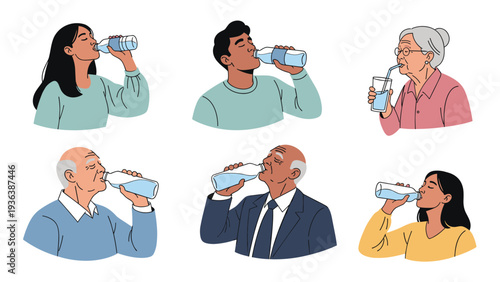 Diverse group of people including young adults and seniors are shown drinking fresh water from bottles and a glass with a straw.