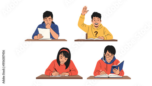 Four students are engaged in different classroom activities such as reading, writing, thinking, and raising a hand to ask a question.