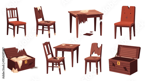 Selection of worn and damaged wooden furniture pieces including chairs, tables, and treasure chests with visible cracks and tears.