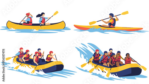 Group of people enjoying various water sports including canoeing, kayaking, and white water rafting on a sunny day.