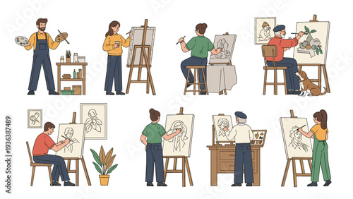 Group of artists of different ages and backgrounds are shown painting on canvases with easels in an art studio setting.