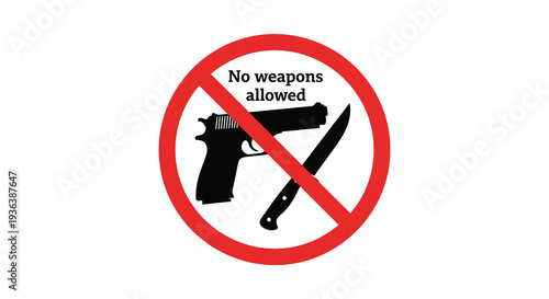 A red prohibition sign displays a crossed out handgun and knife indicating weapons are not allowed silhouette high quality