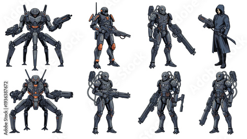 Collection of futuristic sci-fi soldiers and combat mechs equipped with heavy armor and advanced weapons in pixel art.