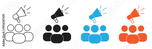 Set of megaphone icons with group of people silhouettes, representing announcement, public relations, or communication concepts, vector illustration