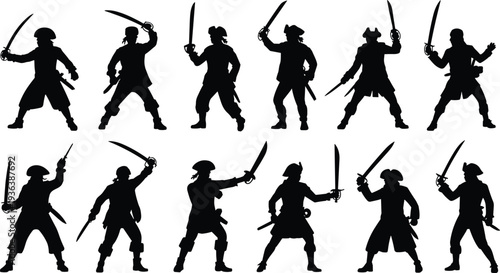 Pirate silhouettes collection, swashbuckler warriors with swords poses set, sea adventure character design, black vector illustration
